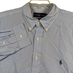 Ralph Lauren Yarmouth Mens 17.5 34 (XL) Blue White Striped‎ Cotton Dress Shirt